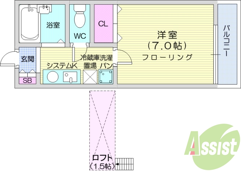 1K、エアコン、フローリング、バストイレ別