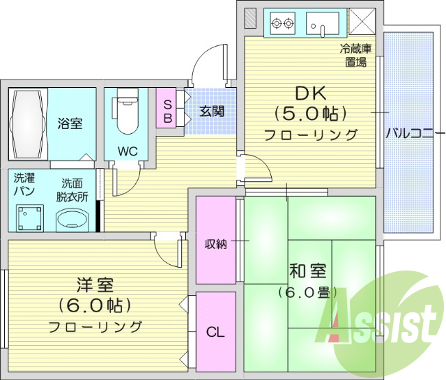 2DK、モニター付きインターホン、エアコン