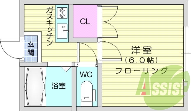 1Ｋ，エアコン、室内洗濯機置場、トイレ浴室別、クローゼット