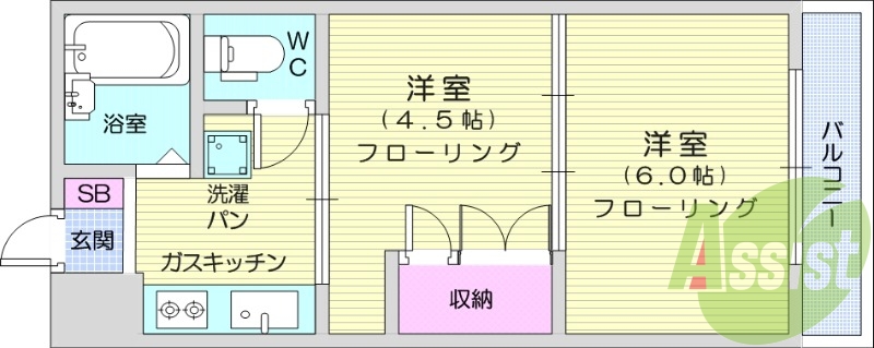 2K、カメラ付きインターフォン、エレベーター、バストイレ別