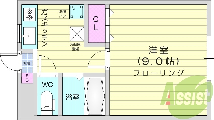 1K、エアコン、温水洗浄便座、室内洗濯機置場、インターホン。