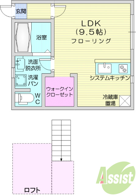 1LDK、ロフト、追い焚き、インターネット無料