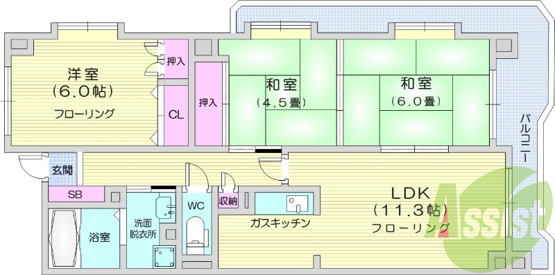 3LDK、オートロック、モニター付きインターフォン、都市ガス