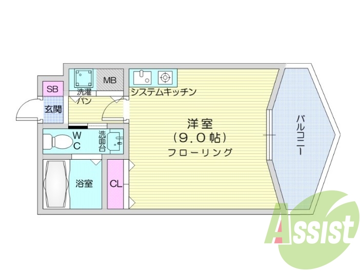 1R、独立洗面台、オール電化、システムキッチン