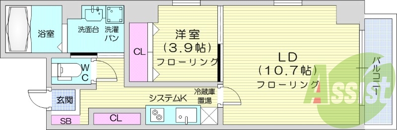 1LDK、バス・トイレ別。インターネット使用料無料。