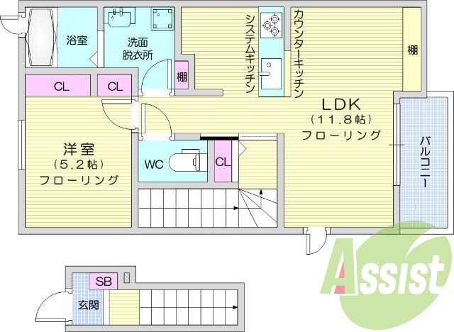 1LDK、フローリング、エアコン、クローゼット
