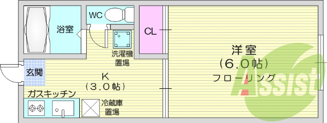 1K、バストイレ別、ガスコンロ可能、都市ガス、エアコン