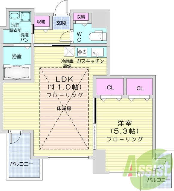 １LDK、床暖房、複層ガラス、非接触型ICカードキー