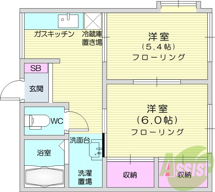 2DK、都市ガス、フローリング、温水洗浄便座。