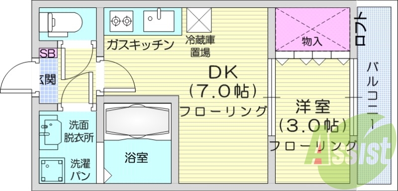 1DK、フローリング、バルコニー、エアコン