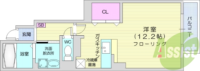 1R、カウンターキッチン、バルコニー、独立洗面台、エアコン