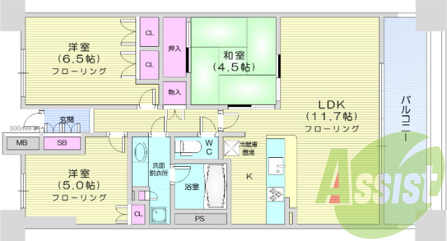 3LDK、システムキッチン、追い焚き、独立洗面台。エアコン