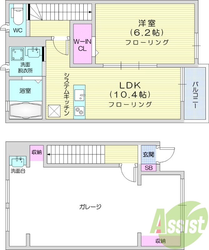 1LDK、ガレージ付、浴室乾燥機付き、バルコニー。