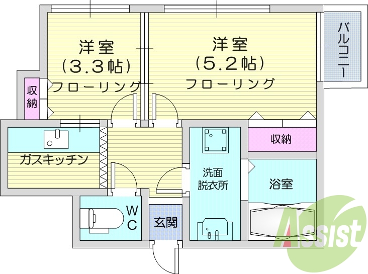 2K、エアコン付き、都市ガス、収納スペース