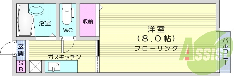 1K、洋室8帖、エアコン付き、角部屋、インターネット無料