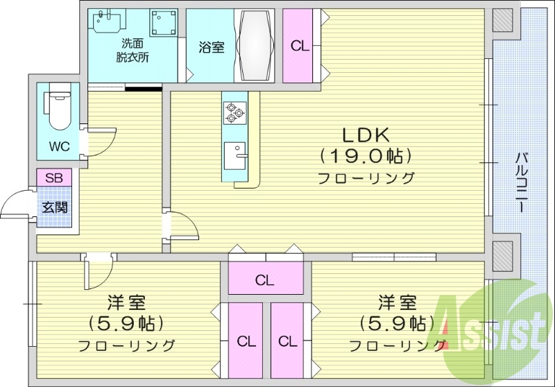 2LDK、オートロック、カメラ付きインターフォン