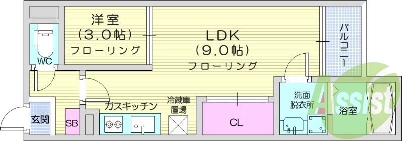 1LDK、追い焚き、浴室乾燥、ガスコンロ２口、宅配ボックス