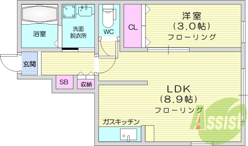1LDK、追い焚き機能付き、インターネット無料