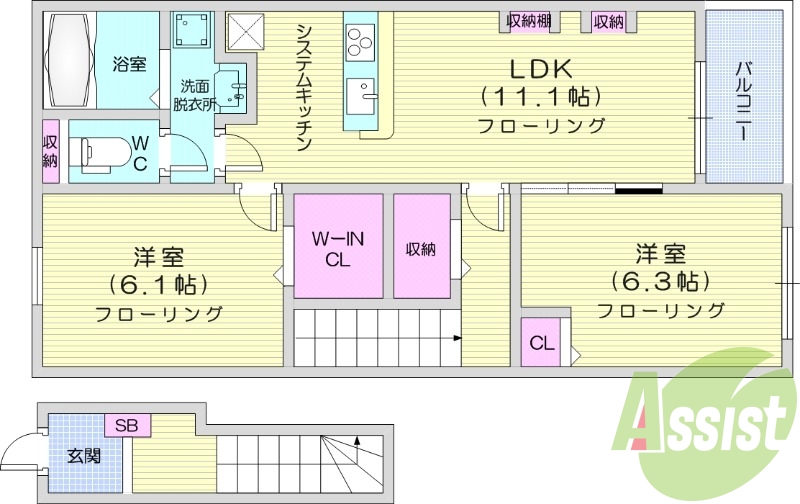 2LDK、インターネット無料、ウォークインクローゼット付き