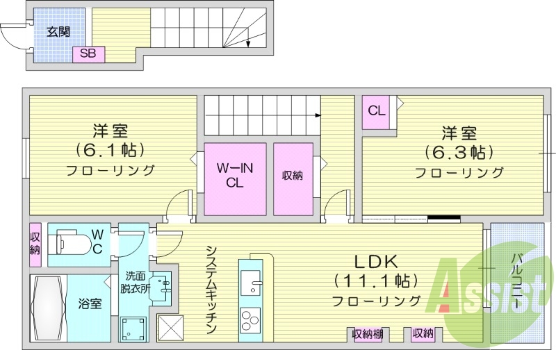 2LDK、インターネット無料、ウォークインクローゼット付き