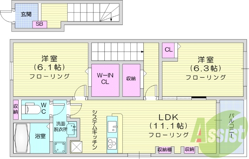 2LDK、インターネット無料、ウォークインクローゼット付き