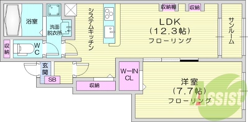 1LDK、インターネット無料、ウォークインクローゼット