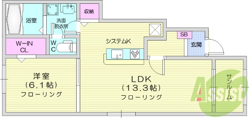 1LDK、インターネット無料、ウォークインクローゼット付き