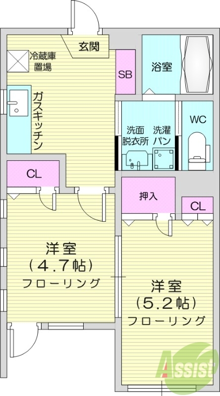 2K、独立洗面台、温水洗浄便座、角部屋、室内物干し