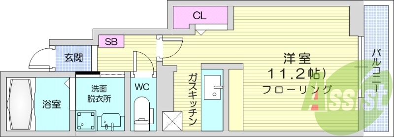 1R、バルコニー、南向き、浴室乾燥機、バストイレ別、エアコン