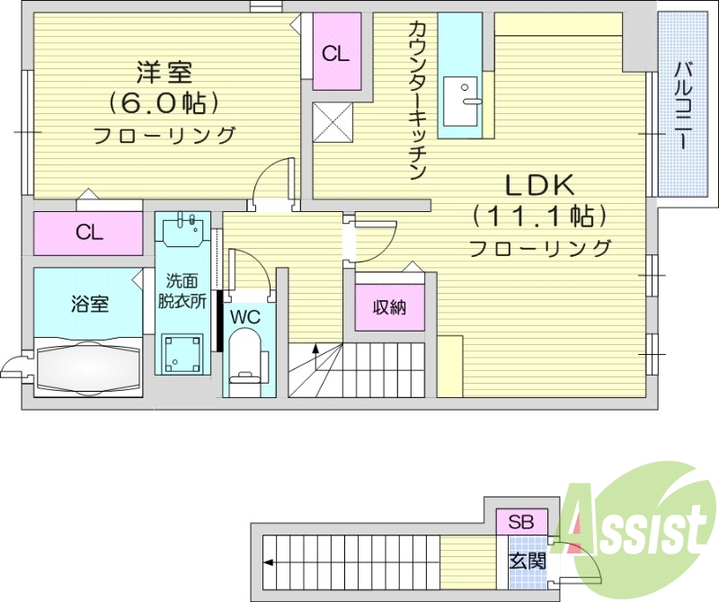 １LDK、エアコン、バルコニー、独立洗面台、浴室乾燥機