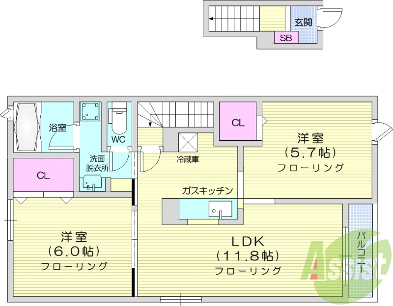2LDK、南向き、浴室乾燥機、追い焚き給湯、バルコニー