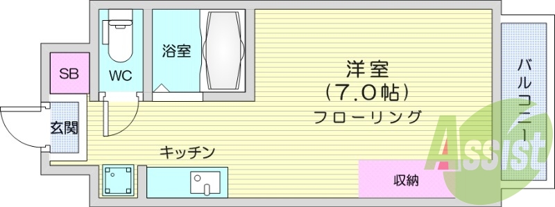 ワンルーム、バルコニー、風呂トイレ別、ウォシュレット。