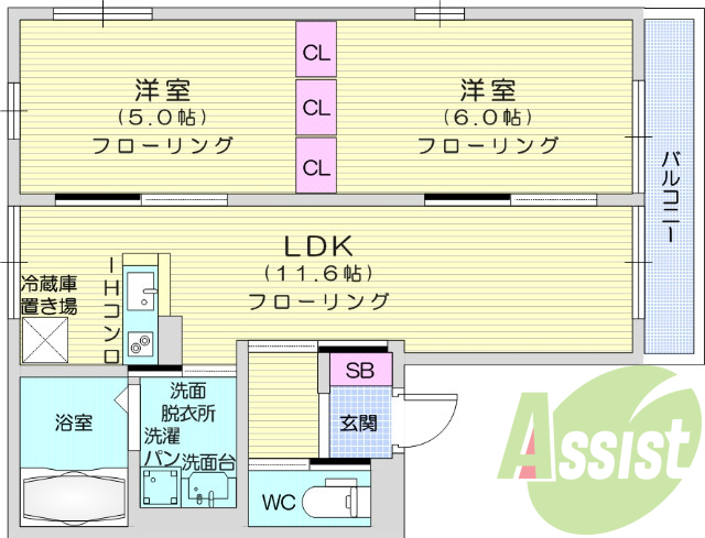 ２LDK、角部屋、TVインターホン付、電子ロック