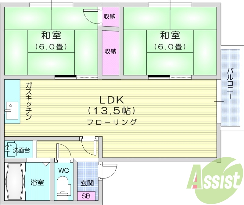 2LDK、都市ガス、角部屋、独立洗面台、南向き