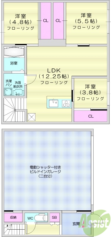 3LDK、追い焚き機能付き、1階にガレージつき