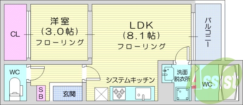 1LDK、オートロック、インターネット無料、エアコン付き