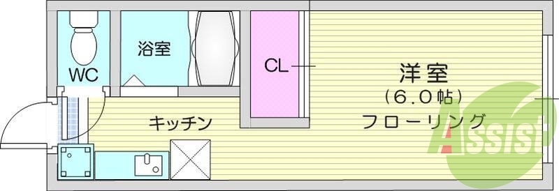 1K、エアコン、バストイレ別室、一部フローリング