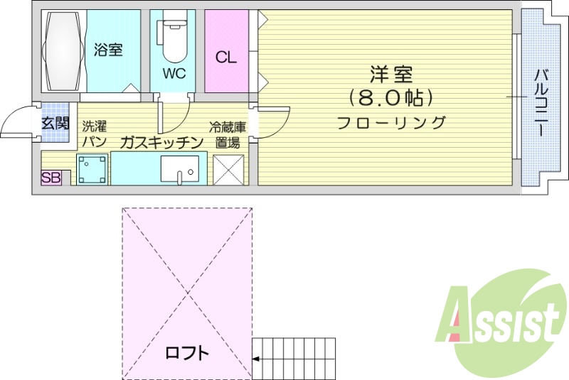 1K、ロフト、バルコニー、バス・トイレ別、シューズボックス