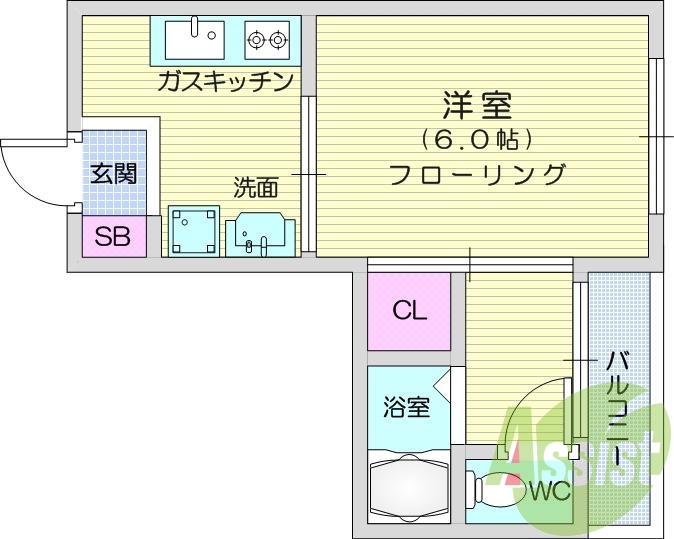 １K・B・T別・南向き・角部屋・収納スペース・都市ガス