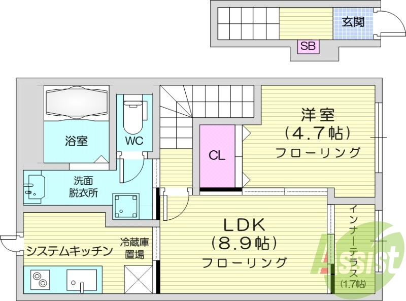 １LDK、バストイレ別、クローゼット、収納、室内洗濯機置場
