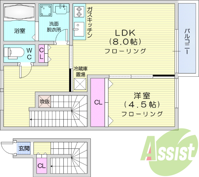 1LDK、浴室乾燥機、独立洗面台、エアコン、インターホン