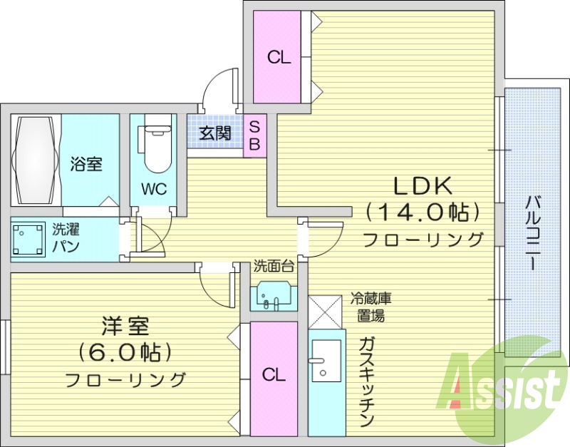 1LDK、システムキッチン、独立洗面台、追い焚き機能