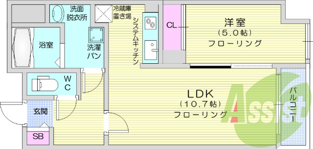 1LDK、エアコン、バストイレ別、モニター付きインターホン