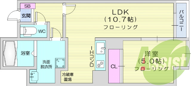 1LDK・IHクッキングヒーター、エアコン、給湯