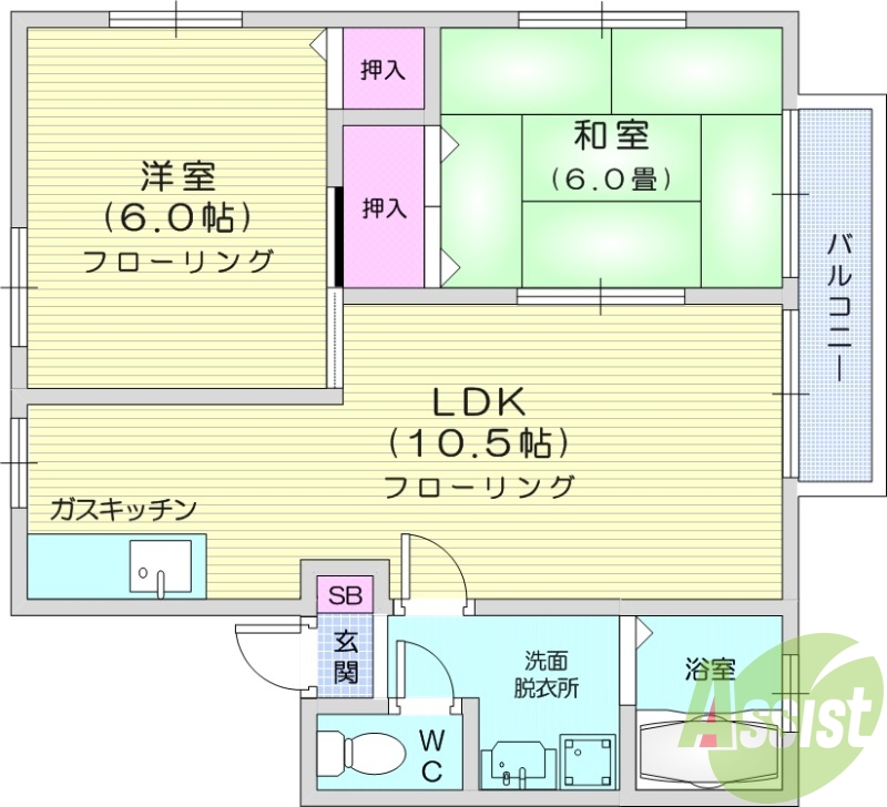 2LDK　南向き　独立洗面台　トランクルーム　エアコン