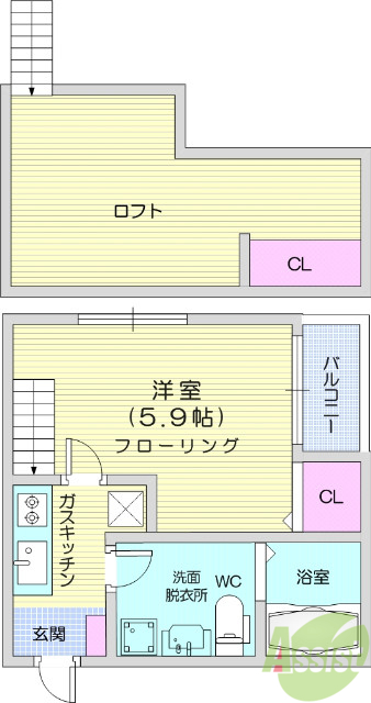 1R＋ロフト、システムキッチン、独立洗面台