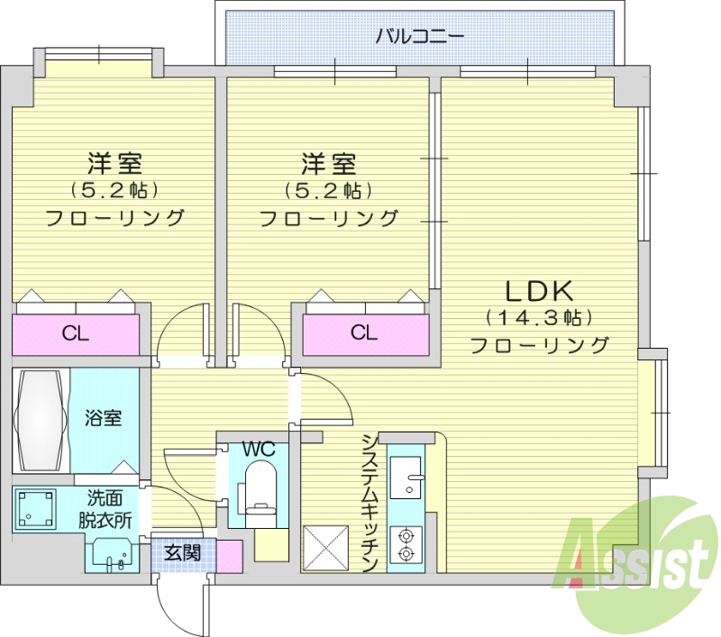 2ＬＤＫ、システムキッチン、独立洗面、エアコン