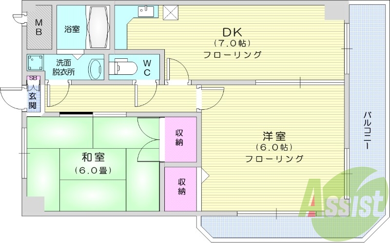 2DK、オートロック、インターネット無料。