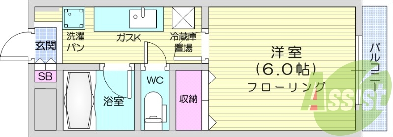 1K、フローリング、エアコン、バルコニー