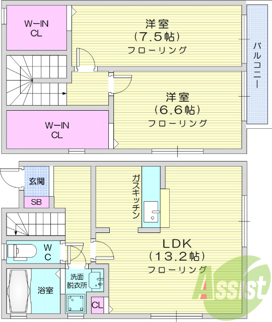 2LDK、メゾネット、浴室TV、ウォークインクローゼット
